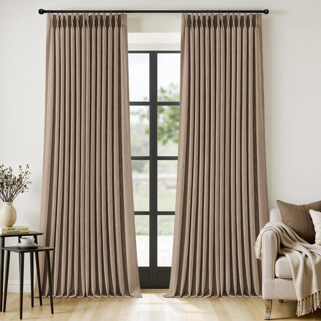 MIULEE Pinch Pleated Thick Linen Curtains 102 Inches Long 2 Panels for Living Room Bedroom, Linen Texture Pleat Drapes Memory Trained Light Filtering Brown Country Farmhouse Burlap Curtains with Hooks