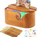 Oval Yarn Bowl, Crochet Yarn Holder with 9pcs Knitting Hooks, Large Wooden Yarns Storage Crochet Bowl with Double Curling Slot Knitting Gift for Crocheters