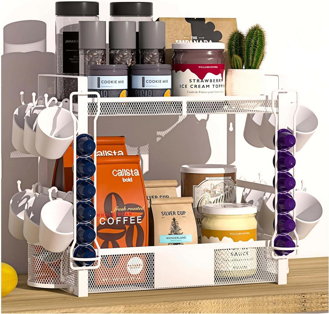 Coffee Mug Holder Bar Organizer - 2 Tier Coffee Cup Holder for Countertop, Multifunction Coffee Station Organizer with 12 Hooks, 2 Coffee Pod Holder, 2 Coffee Spoon Holder, for Kitchen, Office