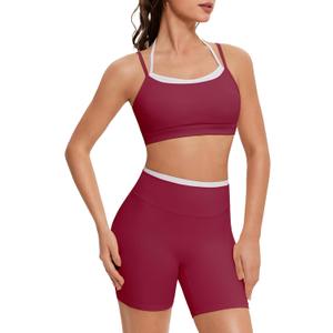 OMKAGI Workout Sets for Women Cute Doubel Layer Open Back Sports Bras Gym Shorts Outfits(XS, 531-Burgundy)