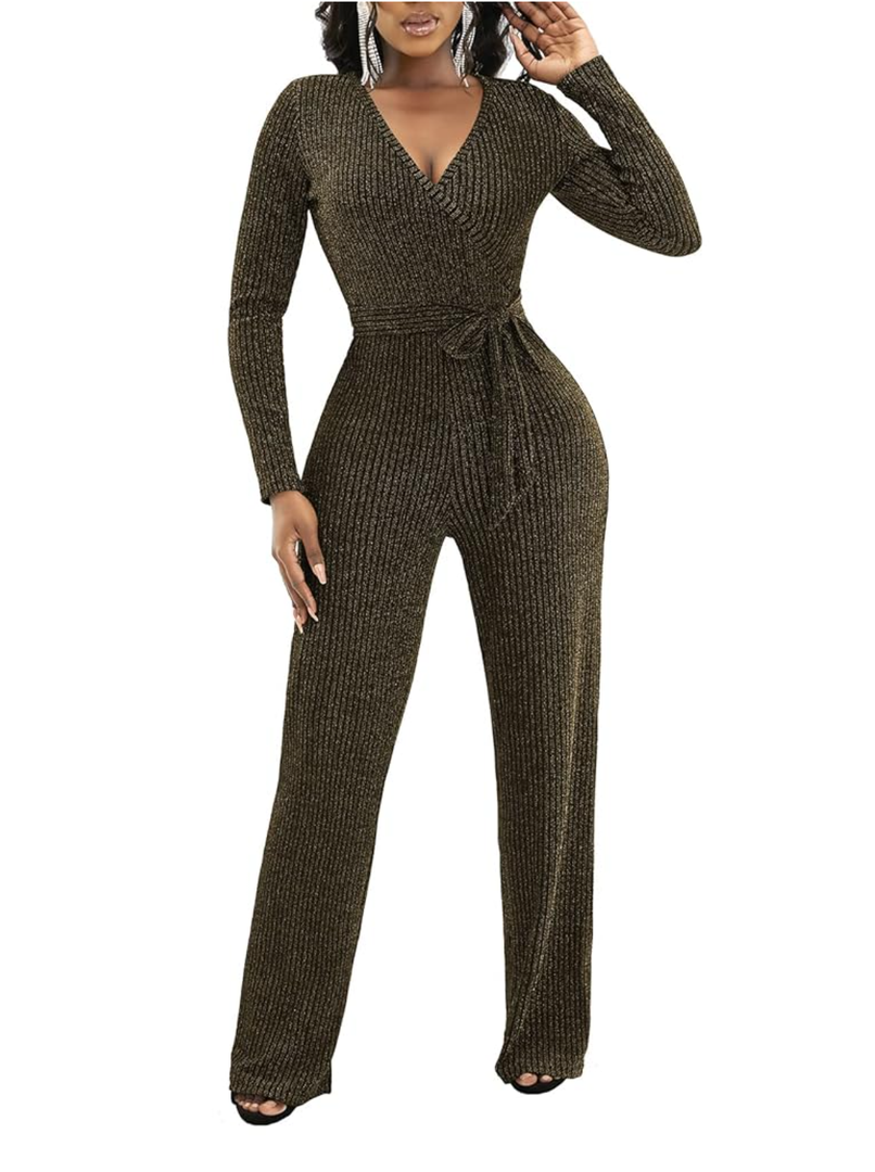 LightlyKiss Women's casual sexy V-neck sparkling jumpsuit long sleeve loose jumpsuits Fashion Club party Rompers with belt M