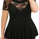 Chvity Womens Plus Size Tops O-Neck Asymmetric Short Sleeve Tunics Lace Blouse Shirts for Summer Casual S-5X, Black XL