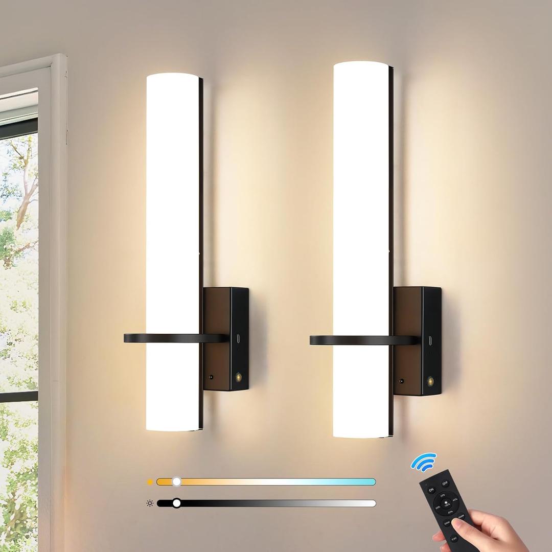 AIJIASI Black Battery Operated Wall Sconces Set of 2, 10000mAh Rechargeable Wireless Wall Sconce with Remote Control, 3000K-6000K Dimmable LED Wall Lights for Living Room Bedroom Hallway 15 Inch
