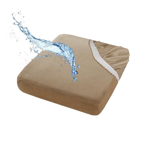 UNBBRRL Water Resistant Couch Cushion Covers, Stretch Velvet Sofa Cover Impermeable, Non-Slip Sofa Cover with Straps and Elastic Bottom (Camel, 35" x 35")