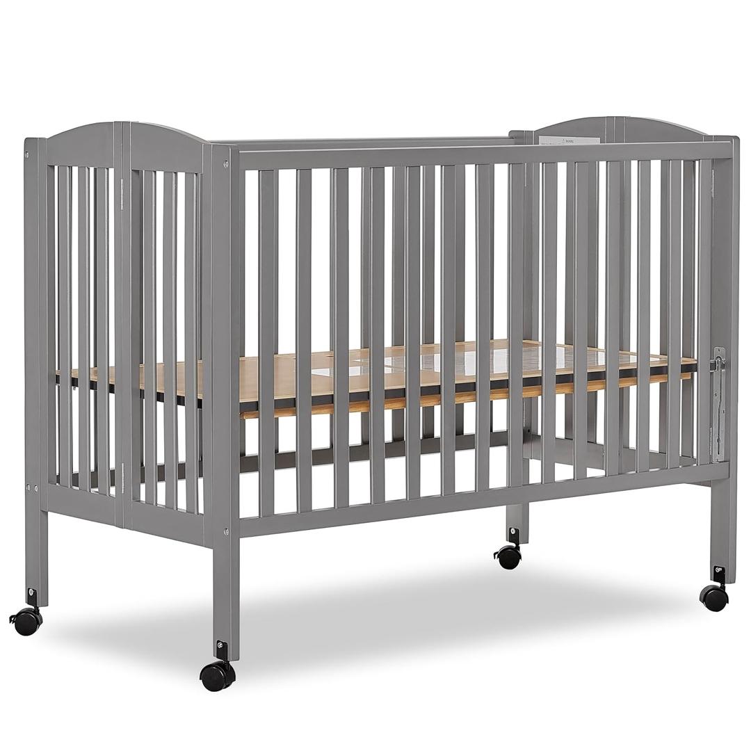 Dream On Me Full-Size 2-in-1 Folding Baby Crib in Steel Grey, GreenGuard Gold & JPMA, Portable, Patented Quick Folding System, Strong Wheels, 2 Adjustable Mattress Heights