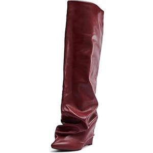 Yishaweiqi Ruched Slouchy Over The Knee Boots for Women Covered Wedge Heel Wide Calf Pointed Toe Casual Thigh High Boots 8.5