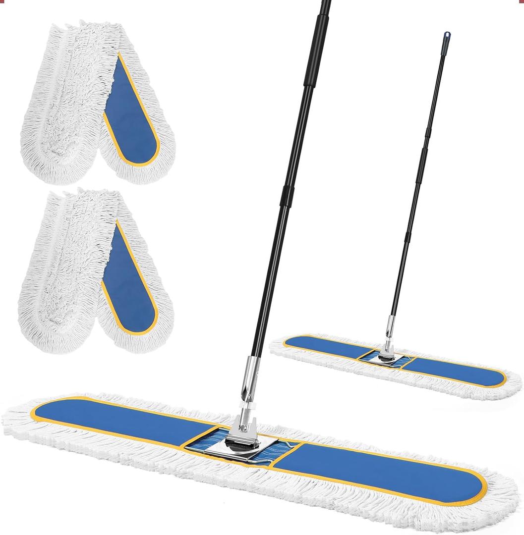 48" Commercial Industrial Dust Mop for Floor Cleaning, Large Floor Dust Broom with Washable Mops Pads, Wet Dry Duster Mops for Hardwood Floors,Marble, Laminate, Tile, Concrete, Garage,Blue