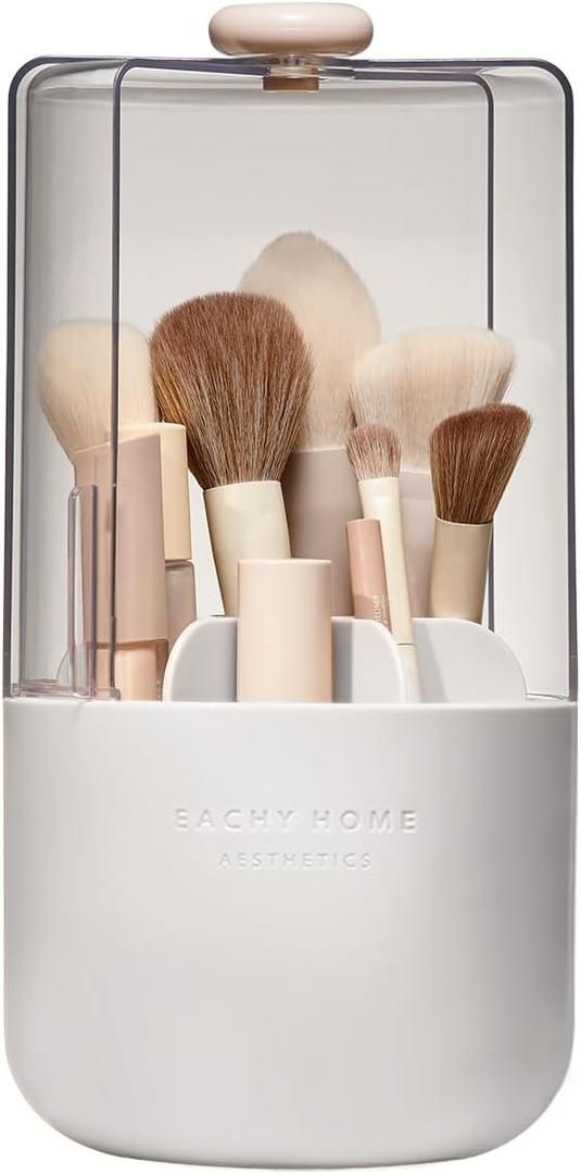 EACHY Makeup Brush Holder with Lid, 360 Rotating Vanity Organizer for Brushes, Dustproof Cosmetic Display Case, 7 Compartments, Waterproof Plastic (White)