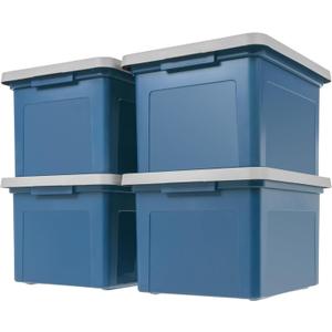 IRIS USA File Box Plastic File Organizer for Letter/Legal File, Document Box, Durable Storage Bin Tote with Secure Latching Lid, Stackable, BPA-Free, Eco Friendly, Sustainable, Navy/Gray 35 Qt. 4 Pack