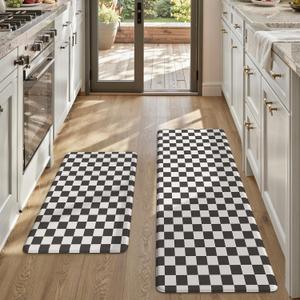 KIMODE Anti Fatigue Kitchen Mats for Floor, Black and White Plaid Kitchen Rugs Sets of 2, Cushioned Kitchen Floor Mats, Non Slip Standing Desk Mat for Sink Laundry Office Desk 20"x47"+20"x32"