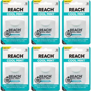 REACH Cool Mint Dental Floss, Fresh Mint, Plaque Remover for Teeth, Shred Resistant, Waxed, Easy on Gums & Teeth, Fresh Breath, Oral Care, PFAS Free, for Adults & Kids, 6 Pack, 55 yd