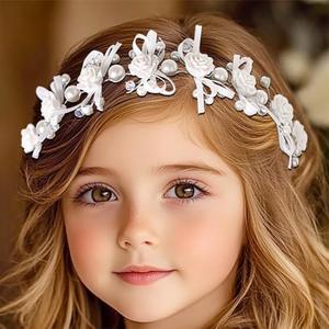 Campsis Flower Girls Headpiece White Bow Headband Pearl Communion Hair Accessory for Women and Girls 2 pack