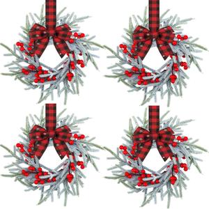 Giegxin 4 Pcs Vintage Small Christmas Wreath for Cabinet Mini Kitchen Wreath with Red Berry Realistic Norfolk Farmhouse Decoration for Xmas Window Indoor Chair Fireplace Porch Candle Decor (No Bows)