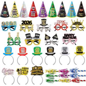 ceiba tree Happy New Years Eve 2026 Party Supplies Favors NYE Decorations Accessories New Year 9 Paper Hats 9 Paper Headbands 9 Felt Plastic Frame Glasses 9 Noisemakers
