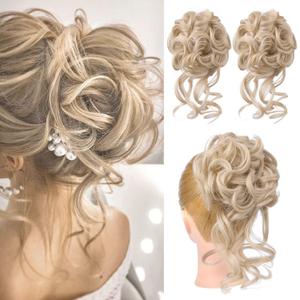 HOOJIH 2PCS Messy Bun Hair Piece, Tousled Updo with Tendrils Hair Bun Extensions Wavy Curly Hair Wrap Ponytail Hairpieces Hair Scrunchies for Women HB010 Dasiy - Light Golden Blonde