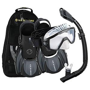 U.S. Divers Avila Unisex Adult Snorkel Set - Curved 1-Window Lens for Panoramic Vision, Anti-Fog Lens, Dry Top Snorkel, Adjustable Open Heel Compact Fins | Large (11+), Octo