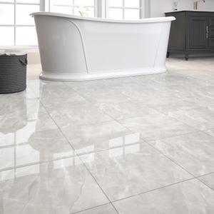20-Pack Peel and Stick Floor Tiles Vinyl Floor 12 x 12 inch Self Adhesive Waterproof Glossy Flooring Planks DIY for Bathroom, Kitchen, Living Room, RV, Cover 20 Sq. Ft, Polish Light Grey Marble