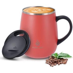 Ideus 16 oz Insulated Coffee Mug with Handle and Lid, Double Wall Stainless Steel Vacuum Thermal Coffee Mug, Travel Coffee Cup Thermal Cup for Home and Office, Jellyfish Red