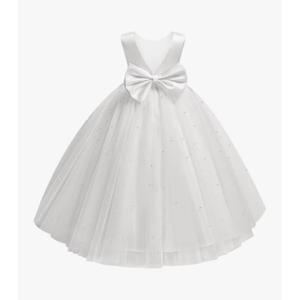 Dypaha Flower Girl Dress for Wedding Pearls Tulle Dress Kids Princess Communion Pageant Ankle Length Dresses with Bow-Knot 6, White