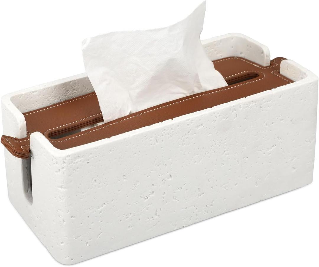 2026 Upgrade Version Tissue Box Cover | Large Square Tissue Box Holder 10" x 4" | Leather Stylish Cube Tissue Cover for Bathroom Vanity Countertop, Bedroom, Living Room, Coffee Table, Office, White