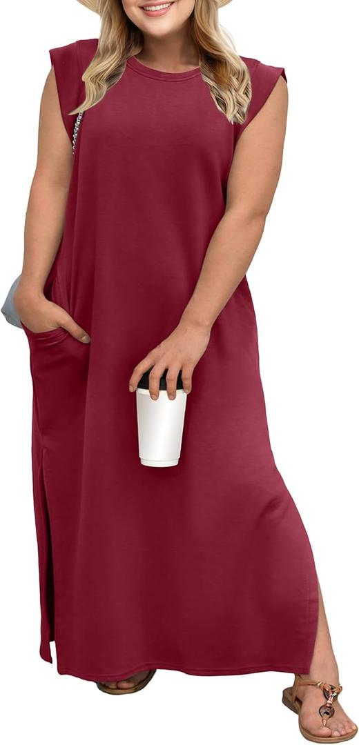 OLRIK Plus Size Maxi Dresses for Curvy Women 2026 Summer Casual Cap Sleeve Split Long Dress with Pockets Loose Fit (Red, XXL)