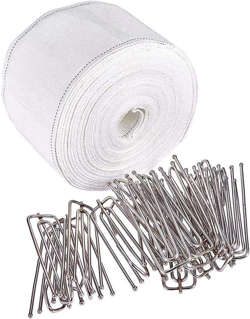 INCREWAY Curtain Accessory, 10 Meters/10.9 Yards White Curtain Heading Deep Pinch Tape Pull Pleat Tape with 20 Pcs Stainless Steel 4 Prong Curtain Pleat Hook Clip