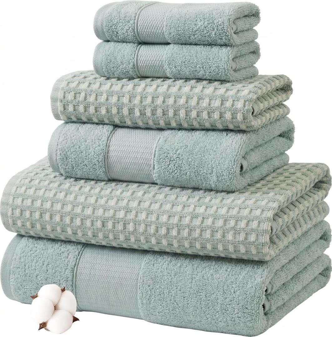 Modern Threads 6 Piece Cotton Bath Towel Set Ultra Soft 600 GSM Towels Bathroom Set with Hand Towels and Washcloths Waffle (Sage Mist)