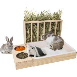 3 in 1 Rabbit Hay Feeder with Litter Box,Wooden Hay Feeder with 2 Bowls & Litter Box for Guinea Pig Chinchilla Bunny Other Small Animals,Large Capacity & Preventing Waste