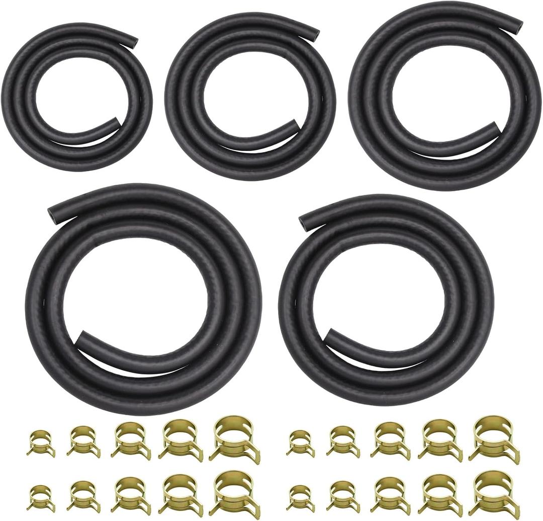 3.3 Feet Fuel Line Hose - 3/8" 1/2" 5/16" 1/4" 3/16" ID NBR Rubber Gasoline Tube with 20pcs Clamps for Small Engines, Fits for Kawasaki EZGO Golf Cart Snowmobile Motorcycle ATV Tractor5 Size
