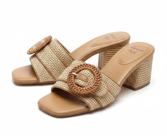 Heeled Sandals for Women Raffia Sandals 2025 Chunky Block Heels Square Open Toe Heels Double Strap Summer Dressy Shoes Slip On Size 6