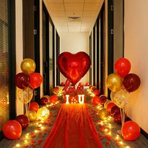 Ganeen 2040 Pcs Romantic Proposal Decoration Kit with Heart & LOVE Balloons, 2000 Rose Petals, LED Lights, Red Gauze for Anniversary, Valentine's Day, Wedding Office Classroom School Decor