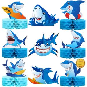 9 Pcs Shark Birthday Party Decorations Shark Honeycomb Table Centerpieces Summer Under The Sea Ocean Sharks Themed Decoration for Girls Boys Baby Shower Birthday Party Sharks Week Decoration