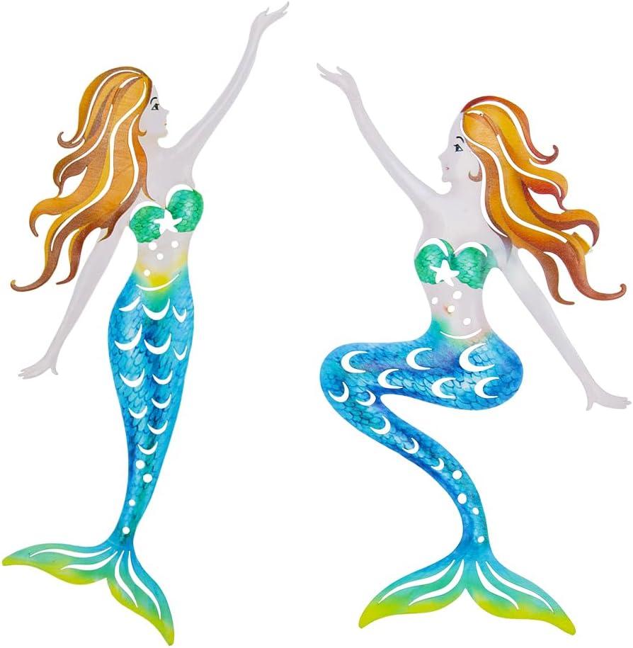 Metal Mermaid Wall Art, Ocean Indoor/Outdoor Art, Fish Wall Art for Bathroom, Kitchen, Garden & Pool (2 Pcs)