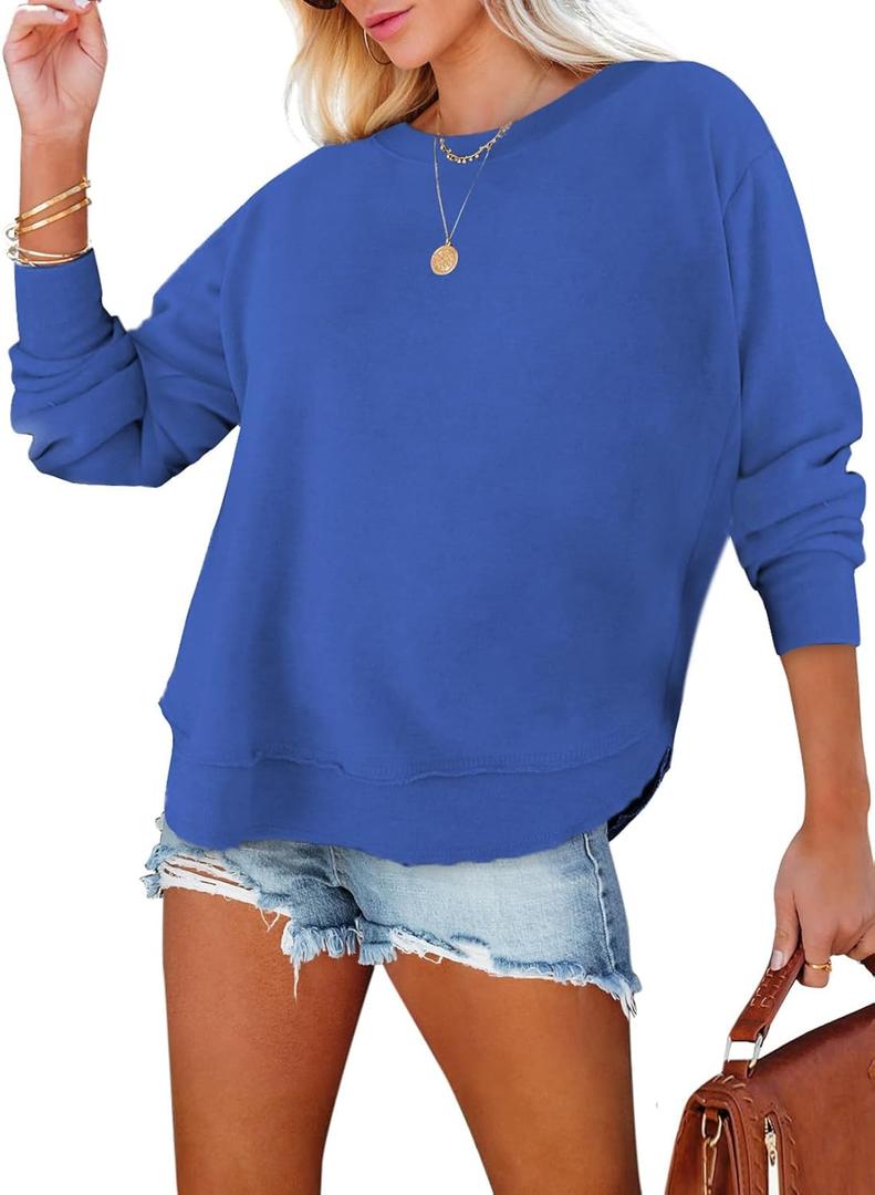 EVALESS Sweatshirt for Women Crewneck Long Sleeve Side Split Tops Casual Solid Color Loose Pullover Shirts 2026 Clothes (XX-Large, Blue)