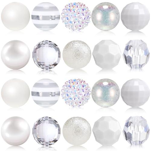 Ferreve 20 Pcs Chunky Bubblegum Beads 20mm Focal Pen Large Rhinestone Pearl Beads for DIY Beadable Pen School Jewelry Making Keychain Craft Making(White)