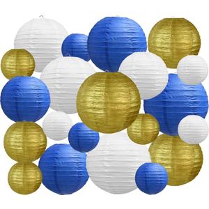 BEISHIDA 21 Pcs Blue Gold White Round Paper Lanterns Decorative Hanging Asia Chinese Japanese Paper Lanterns Lamp for Birthday Wedding Baby Bridal Shower Graduation Party Classroom Decoration (4681012 Inch)