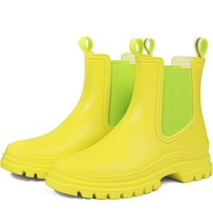 DKSUKO Women's Short Rain Boots Rubber Waterproof Garden Boots Elastic Slip On Ankle Chelsea Boot Fashion Insulated Rain Shoe for Outdoor Work Thick Sole (6.5 B(M) US, Fluorescent green)