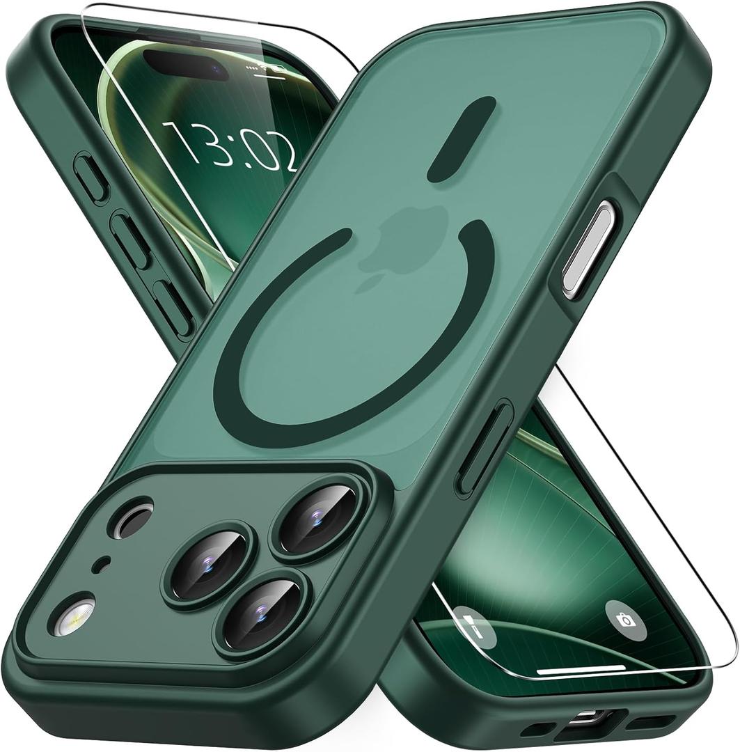 for iPhone 17 Pro Max Case, Compatible with MagSafe, Magnetic Translucent Matte Slim Protective Cover with 1 Screen Protector - Military-Grade Drop Protection (Dark Green)
