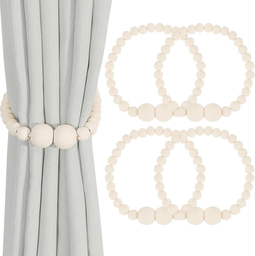 KLOGTSIND Magnetic Curtain Tiebacks, 4 Pack Curtain Holdbacks for Draperies, Wood Bead Curtain Tiebacks, Elegant Curtain Tie Backs for Bedroom Decor, Boho Room Decor, Nursery Decor, Farmhouse Decor