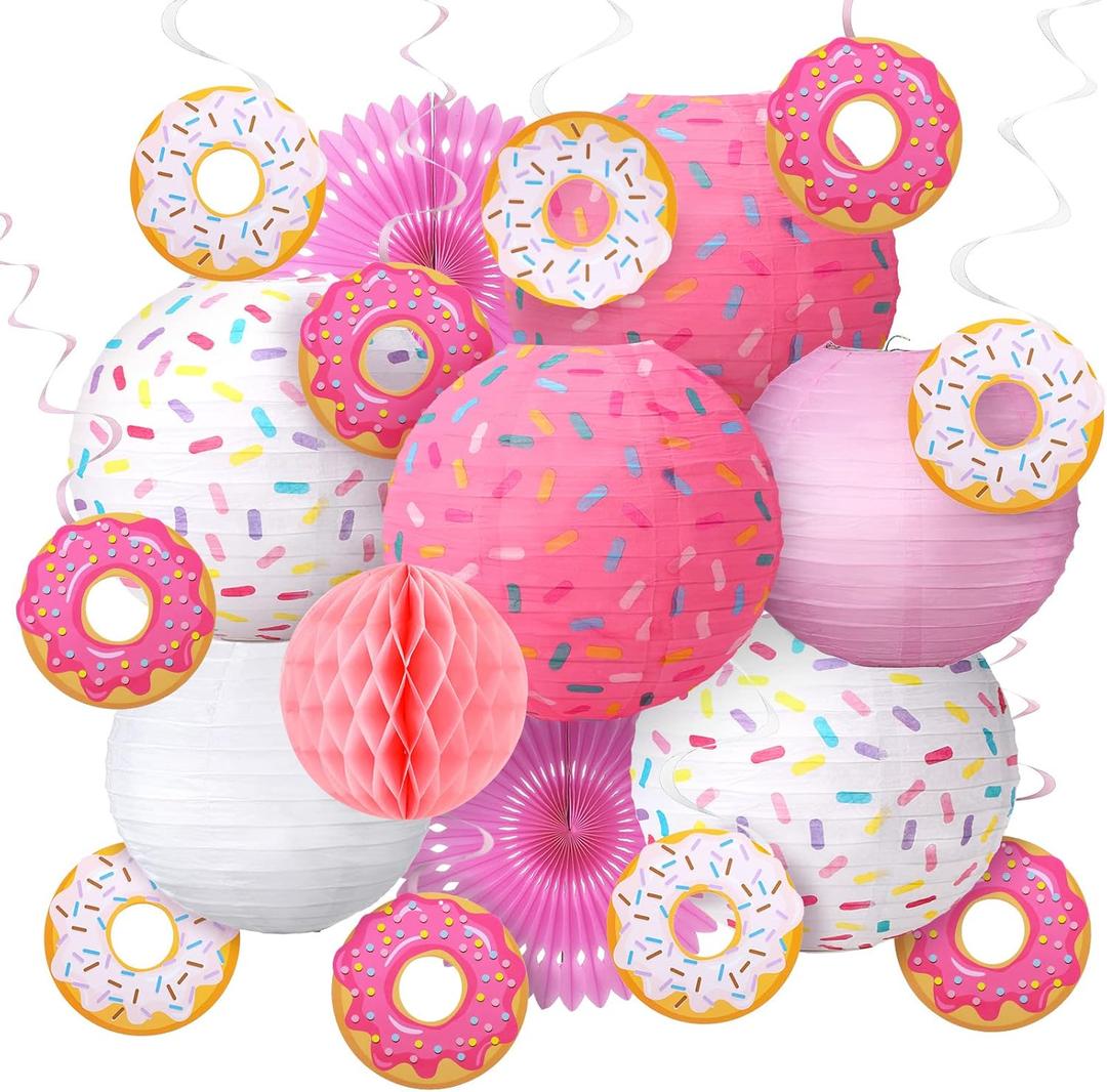 Hortsun 19 Pcs Donut Birthday Party Decorations Lanterns Hanging Donut Theme Decor Paper Lanterns Honeycomb Decorations Sweet One Birthday Party Supplies Donuts Decor Candy Ice Cream(Pink)