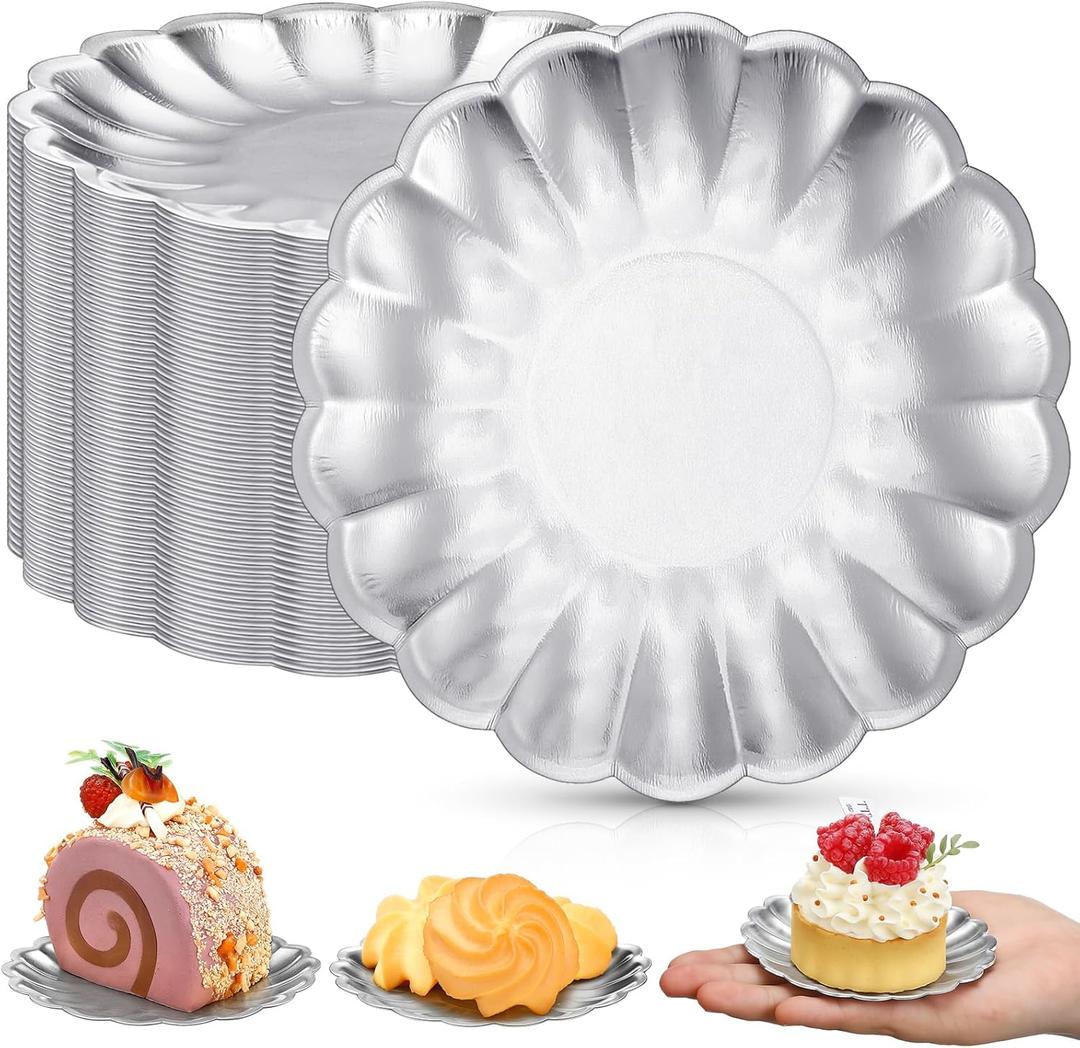 Yungyan 100 Pcs Mini Dessert Plates Cupcake Plates 3.5 Inch Silver Scalloped Rim Mini Paper Dessert Dish for Cake DIY Baking Party Wedding Birthday