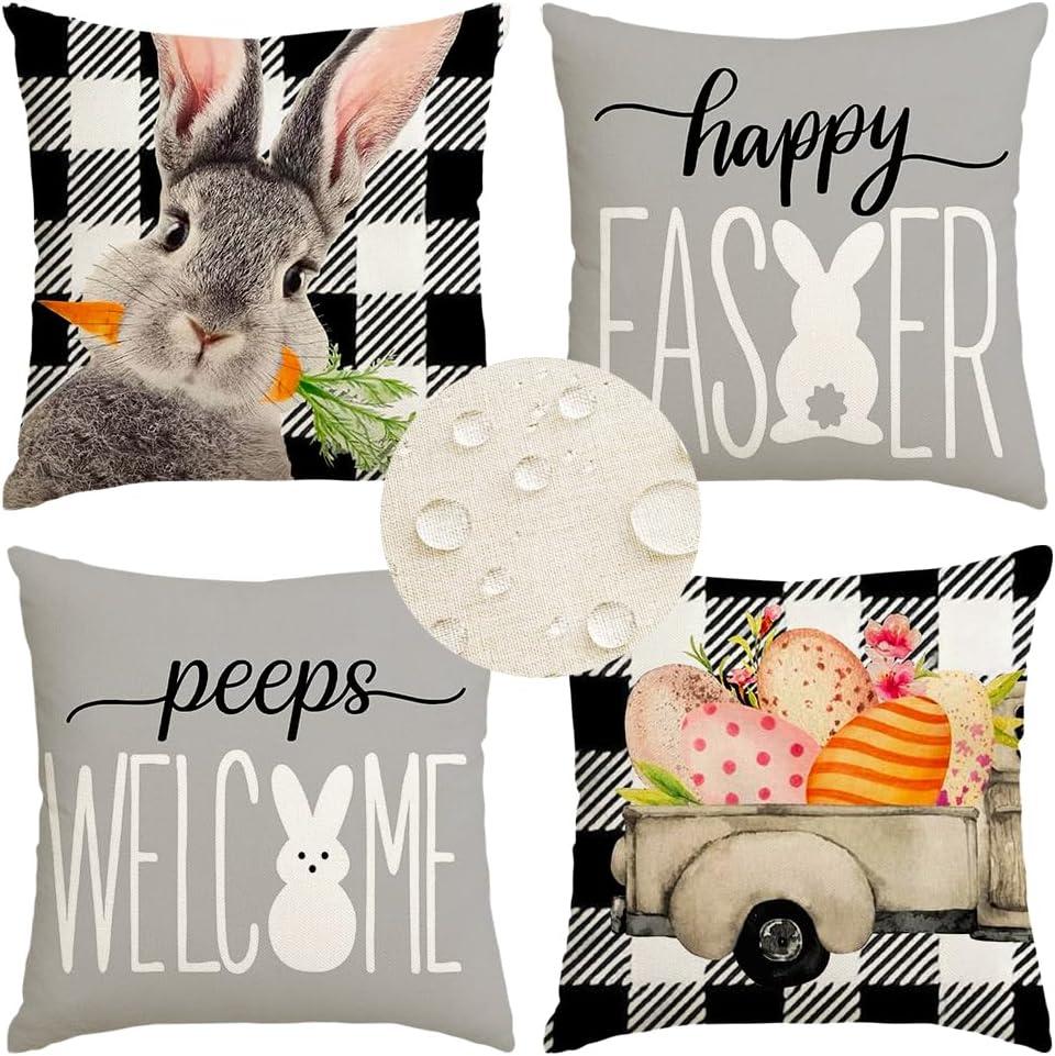 RABUSOFA Easter Pillow Covers 18x18 Inch Set of 4,Easter Decorations for Home Outdoor Decor Waterproof Buffalo Plaid Rabbit Gray Peeps Eggs Bunny Truck Spring Cushion Case for Sofa Couch