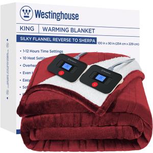Westinghouse Electric Blanket King, Heated Blanket King Size with 10 Heating Levels and 1 to 12 Hours Heating Time Settings, Flannel to Sherpa Reversible, Machine Washable (90" x 100", Red)