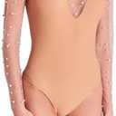 Clispiy Mesh Pearl Top Sheer Bodysuit For Women Pearl Long Sleeve Bodysuit With Snap Crotch L