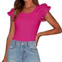 PRETTYGARDEN Women's Ruffle Short Sleeve Shirts 2025 Summer Casual Basic Tee Cute Fitted Crew Neck Fashion Tops Clothes (Red, S)