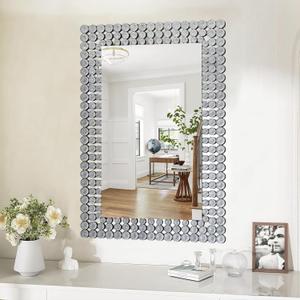 KOHROS Decorative Wall Mirror with Glitter Beaded Bathroom Mirror 36 x 24" Silver Rectangle Beveled Mirror for Bathroom Vanity Entryway