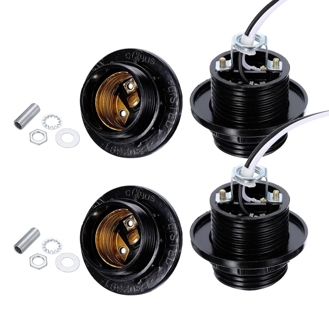 PATIKIL E27/E26 Light Bulb Socket, 4 Set Lamp Base Phenolic Full-Thread Holder with 50 CM/19.5 Inches Wire Lead for Incandescent LED Light Bulbs Replacement,Black