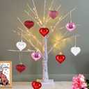 Valentine Tree, Valentines Day Centerpiece for Table, Lighted Valentine Decorations for Office Home, Valentine's Mantel Desk Fireplace Decor, 24 Inch Light Up Birch Tree with 12 Pcs Heart Ornaments