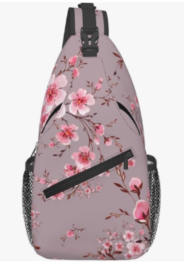Pink Cherry Blossom Crossbody Sling Bag for Women Men Watercolor Hand Painted Blooming Branches Travel Sling Backpack Casual Shoulder Bag Beautiful Japanese Floral Print Hiking Daypack