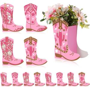 12 Set Western Cowgirl Boots Flower Boxes Centerpiece Boot Shape Gift Boxes Party Decoration Vase Centerpieces for Tables for Rodeo Birthday Baby Shower Wedding Supplies (Pink)